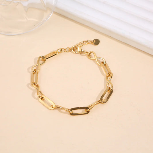 Bracelet doré ou argenté chaîne alternée maillons rectangulaires plats et signe infini