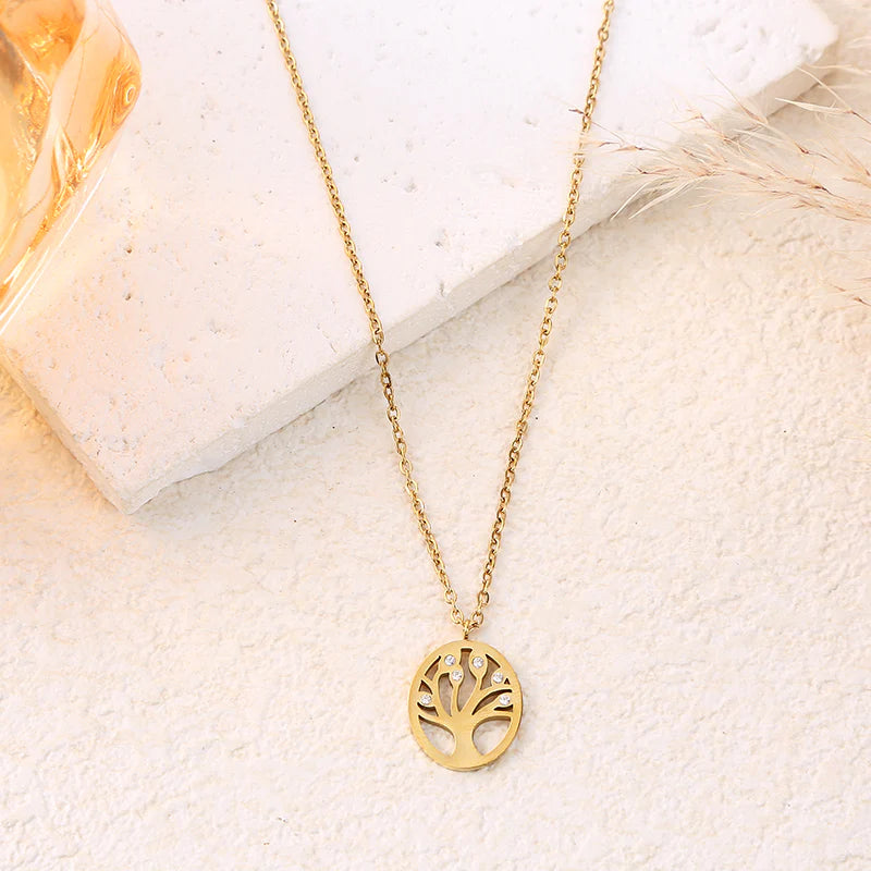 Collier chaîne dorée ou Argentée avec pendentif arbre de vie et strass sur les branches